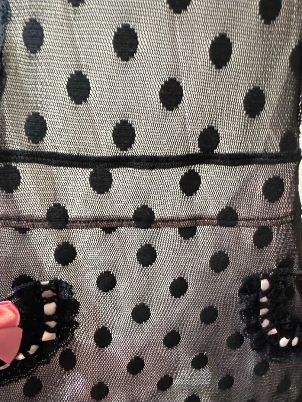 Victoria’s Secret Black Polka Dot Mesh Chemise with Pink Satin Bows 34B